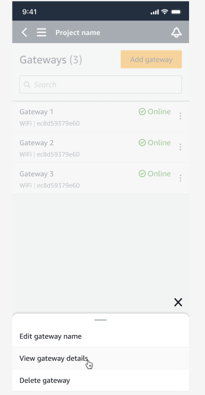 Menu delle opzioni con le opzioni Modifica il nome del gateway, Visualizza i dettagli del gateway ed Elimina il gateway.