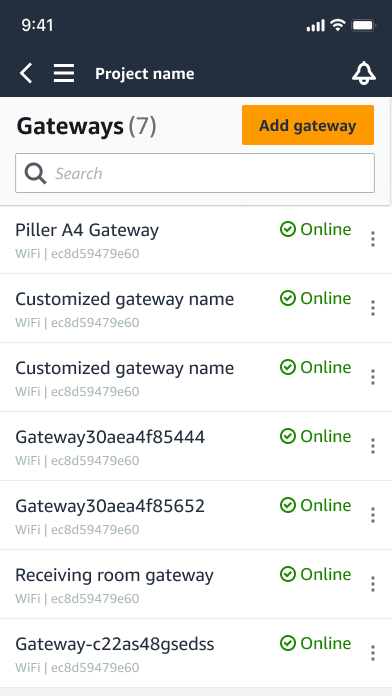 Elenco di gateway che mostra nomi, stato della connessione e WiFi identificatori.