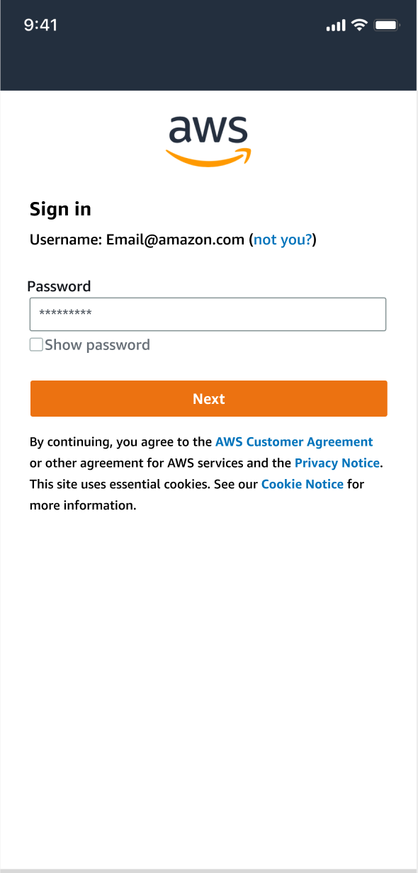 AWS pagina di accesso con il campo nome utente che mostra Email@amazon.com e il campo della password.