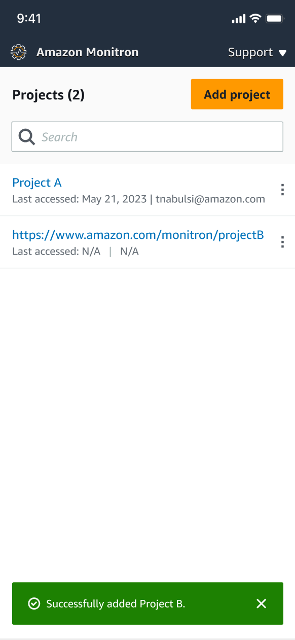 Amazon Monitron pagina dei progetti che mostra due progetti e un messaggio di successo per l'aggiunta del Progetto B.