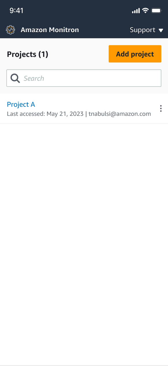 Amazon Monitron elenco dei progetti che mostra il Progetto A con la data dell'ultimo accesso e l'e-mail dell'utente.