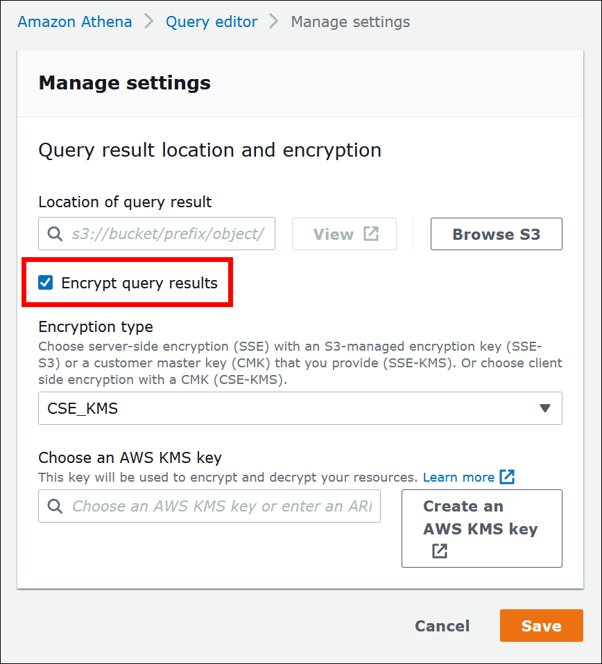 L'opzione Crittografa i risultati delle query nella pagina Gestisci impostazioni della console Athena.