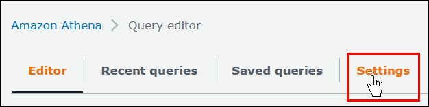 La scheda Impostazioni dell'editor di query di Athena.