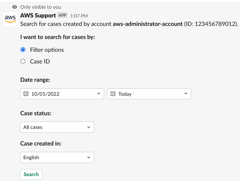 Esempio di query di ricerca per casi di supporto in Slack.