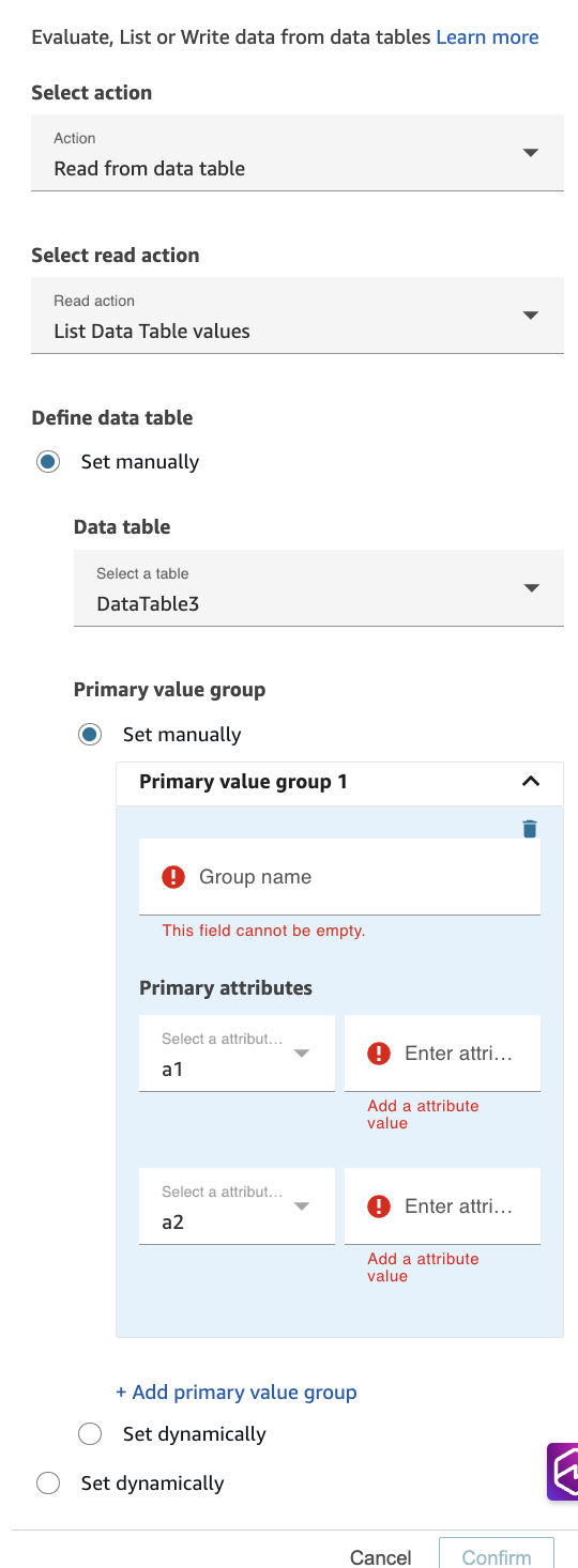 La pagina delle proprietà del blocco Data Table configurata per l'azione List.