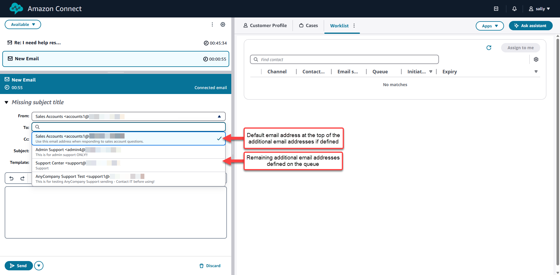 Il menu a discesa Dall'indirizzo quando si avvia un'e-mail in uscita, che mostra in alto l'indirizzo e-mail predefinito dal profilo di routing dell'agente, seguito da indirizzi aggiuntivi.