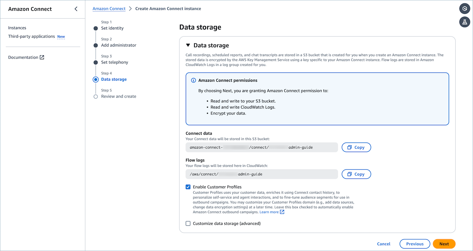 La pagina Archiviazione dei dati con l’opzione Abilita Customer Profiles.