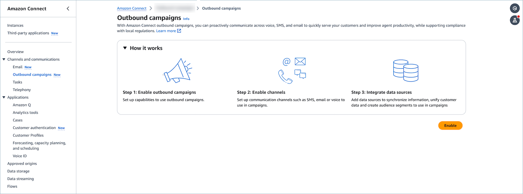 Pagina delle campagne in uscita che mostra il pulsante Abilita per la prima configurazione.