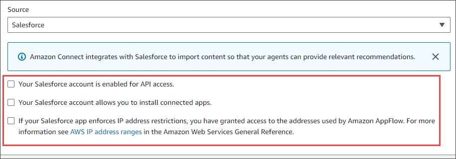 Riconoscimenti Salesforce per le API, l'utilizzo di app connesse e l'accesso. AppFlow