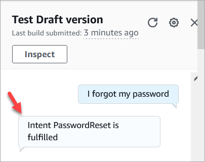 Il messaggio di verifica di Amazon Lex, Intent PasswordReset è completo.