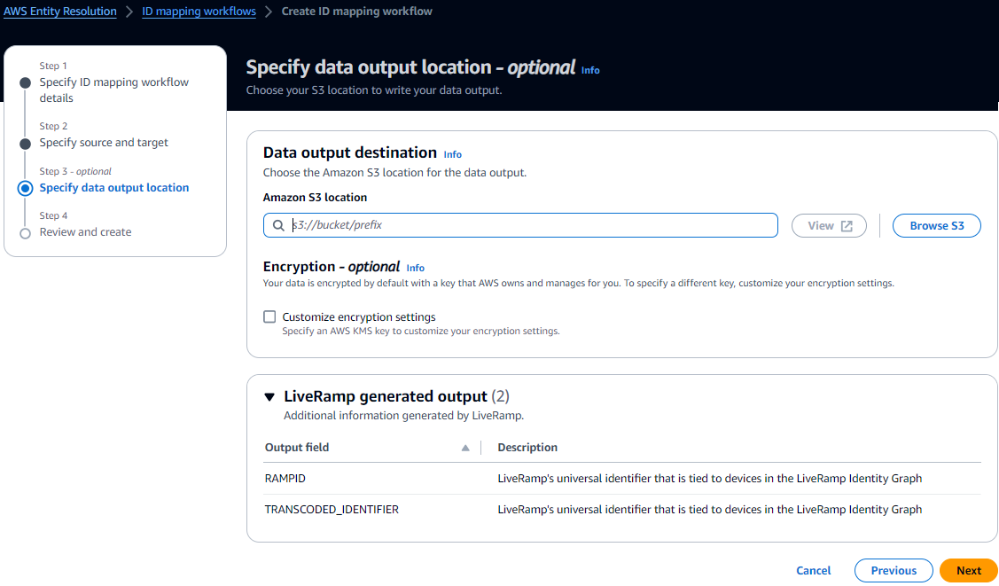 AWS Entity Resolution Interfaccia per la creazione del flusso di lavoro di mappatura degli ID con opzioni per specificare la posizione di output dei dati.
