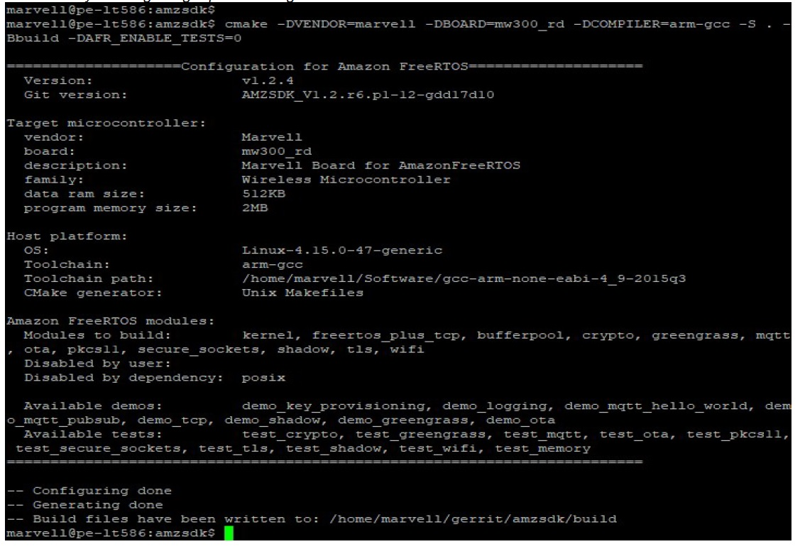 Output del terminale di comando che mostra i dettagli di configurazione della build FreerTOS per una scheda microcontrollore wireless Marvell mw300_rd.