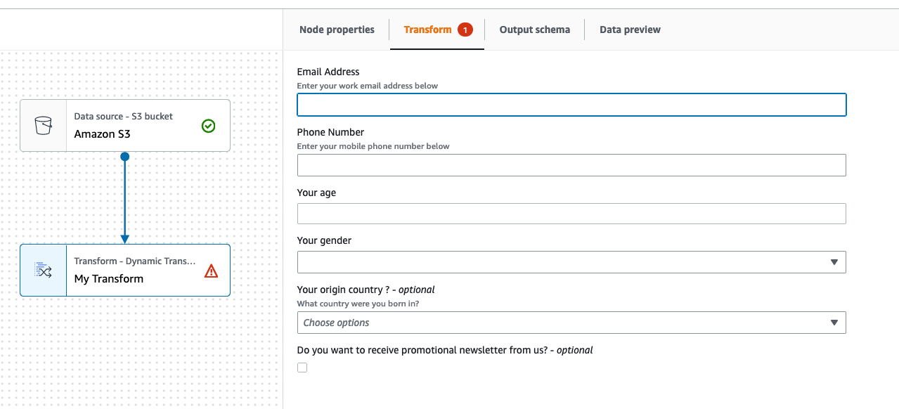 Lo screenshot mostra una trasformazione visiva personalizzata selezionata e la scheda Transform (Trasforma) con i parametri definiti dall'utente.