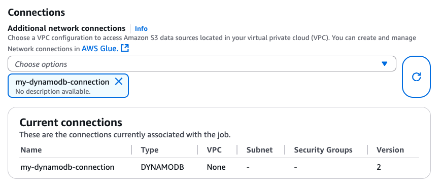 Pagina dei dettagli del lavoro che mostra my-dynamodb-connection selezionata in Connessioni di rete aggiuntive.