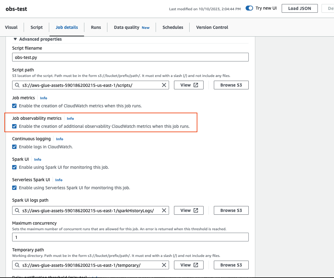 Lo screenshot mostra le Proprietà avanzate della scheda dei dettagli del processo. L'opzione Parametri di osservabilità del processo è evidenziata.