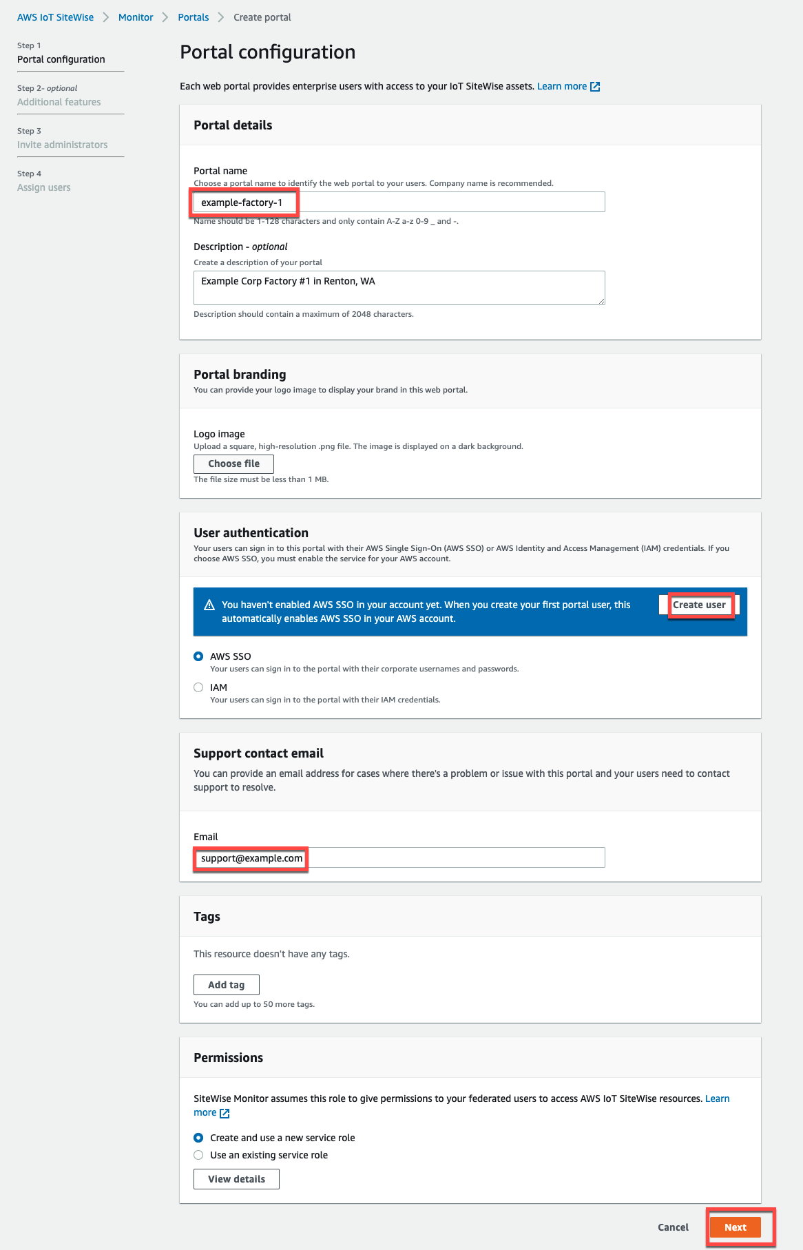La pagina “Portal configuration (Configurazione del portale)” utilizzata per creare un portale.