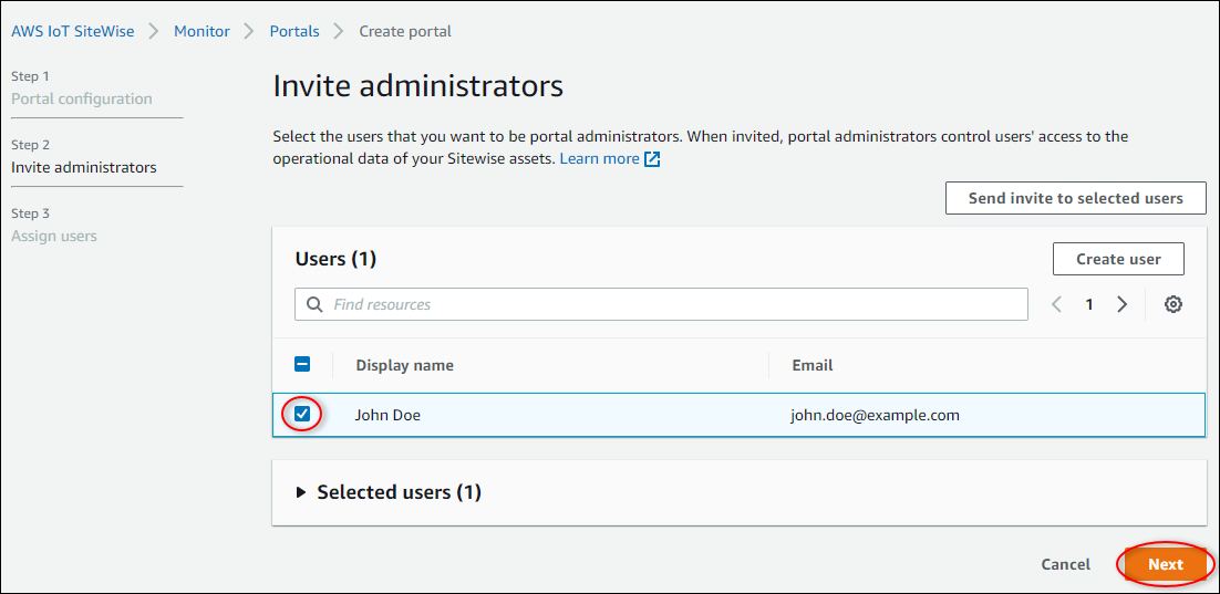 La pagina "Invite administrators (Invita amministratori)" del processo "Create portal (Crea portale)".