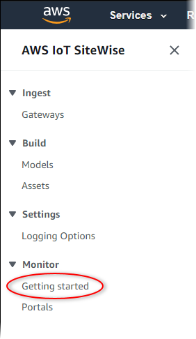 Il riquadro di navigazione a sinistra della AWS IoT SiteWise console con la Guida introduttiva evidenziata.