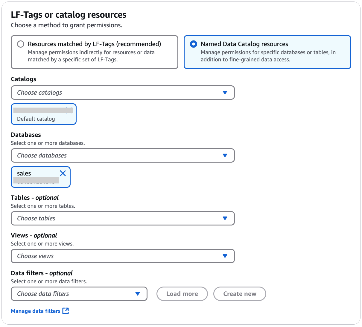 La sezione LF-Tags o catalog resources contiene due riquadri disposti orizzontalmente, dove ogni riquadro contiene un pulsante di opzione e un testo descrittivo. Le opzioni sono Risorse abbinate a LF-Tags e Risorse nominate del catalogo di dati. Sotto i riquadri ci sono due elenchi a discesa: Database e Tabella. L'elenco a discesa Database contiene un riquadro sottostante contenente il nome del database selezionato.