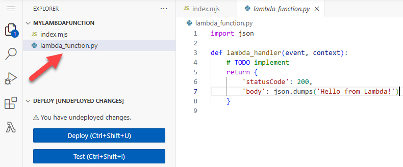 Diagramma che mostra l'editor di codice della console e il file lambda_function.py in Esplora file