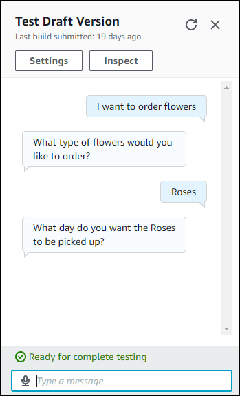 La finestra di test che mostra una conversazione con un bot di Order Flowers.