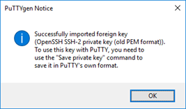 Avviso di PuTTY Key Generator.