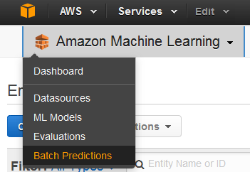 Amazon Machine Learning menu di navigazione con l'opzione Batch Predictions evidenziata.