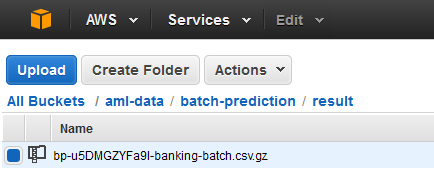 Bucket S3 che mostra il file bp-u5 nella cartella dei risultati. DMGZYFa9I-banking-batch.csv.gz