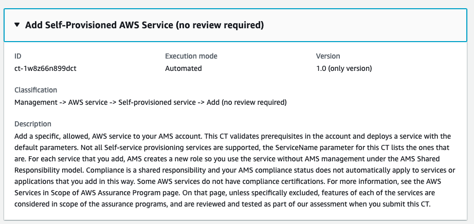 Aggiungi i dettagli del tipo di modifica del Self-Provisioned AWS servizio che mostrano l'ID, la modalità di esecuzione e la versione.