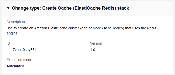 Dettagli sulla creazione di uno stack ElastiCache Redis, tra cui descrizione, ID, versione e modalità di esecuzione.