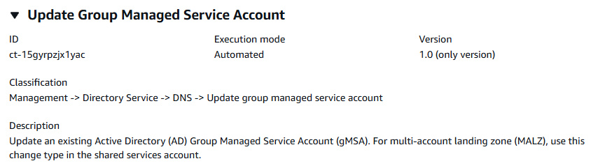 Aggiorna i dettagli del tipo di modifica dell'account del servizio gestito di gruppo mostrando ID, modalità di esecuzione e versione.