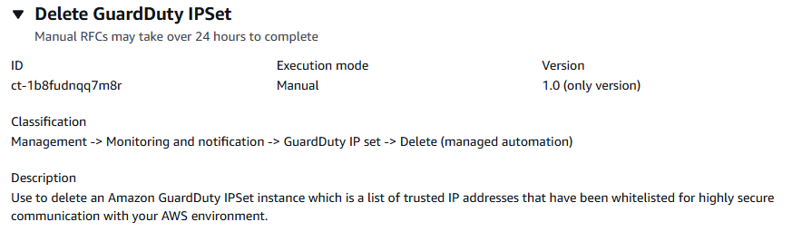 Elimina l'interfaccia GuardDuty IPSet che mostra la descrizione, l'ID e la versione di un'istanza.