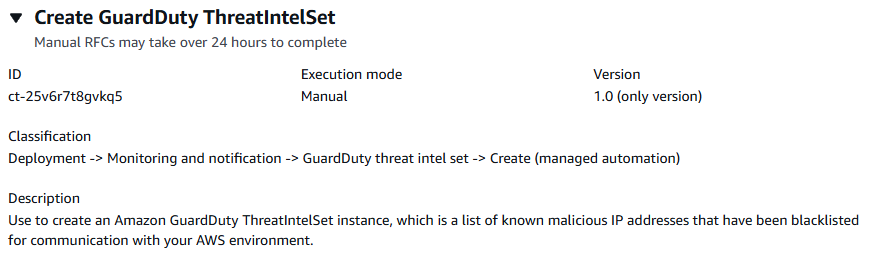 GuardDuty ThreatIntelSet interfaccia di creazione che mostra i dettagli della descrizione, dell'ID e della versione.