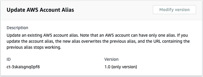 Aggiorna la pagina AWS dell'alias dell'account che mostra la descrizione, l'ID ct-3skaisgnq0pf8 e la versione 1.0.