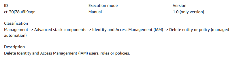Modifica tipo: Elimina IAM risorsa con descrizione, ID, versione e dettagli sulla modalità di esecuzione.