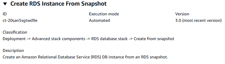 Crea un'istanza RDS da Snapshot: tipo di modifica che mostra ID, modalità di esecuzione e dettagli sulla versione.