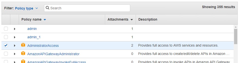 Policy list showing AdministratorAccess and AmazonAPIGateway policies with attachment counts.