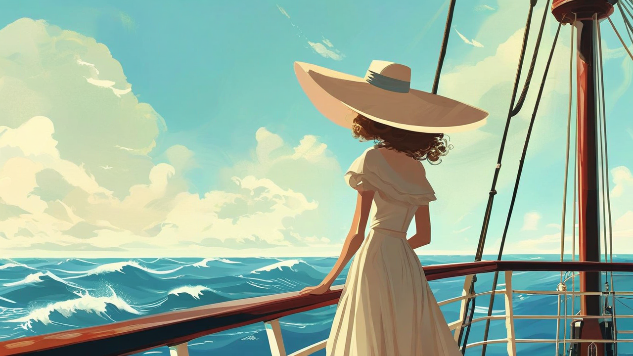 illustrazione per una storia fiabesca, eterea e dai toni delicati, con una donna che indossa un ampio cappello sul parapetto di una nave mentre guarda verso l’oceano