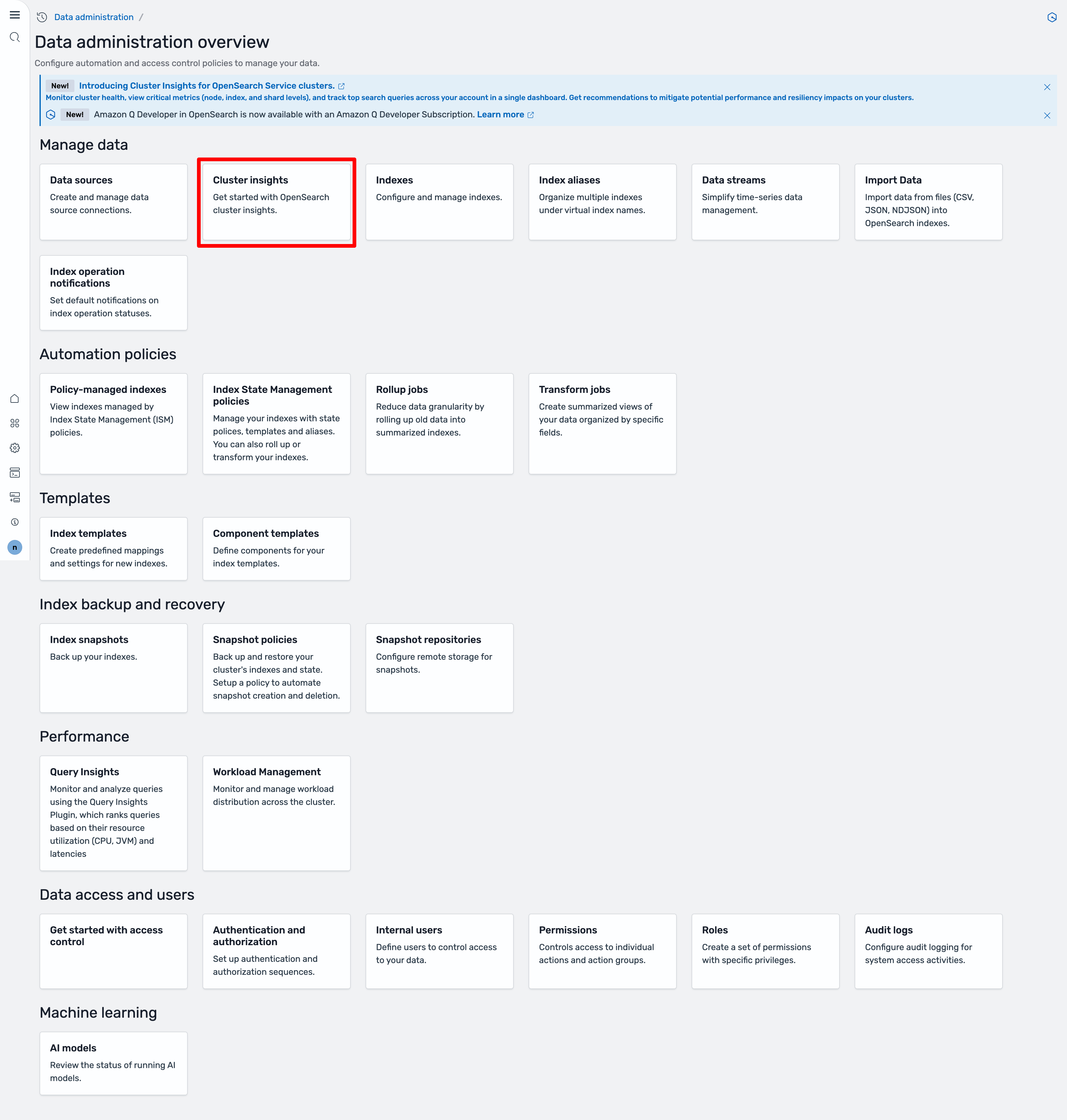 Cluster scheda di approfondimento evidenziata nella sezione Gestisci i dati della panoramica sull'amministrazione dei dati.