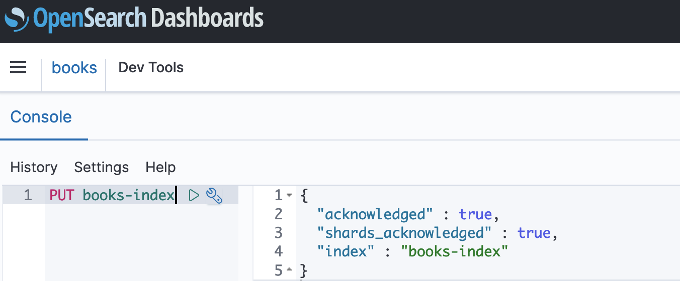 OpenSearch Console di dashboard che mostra la richiesta PUT per l'indice dei libri con risposta JSON.