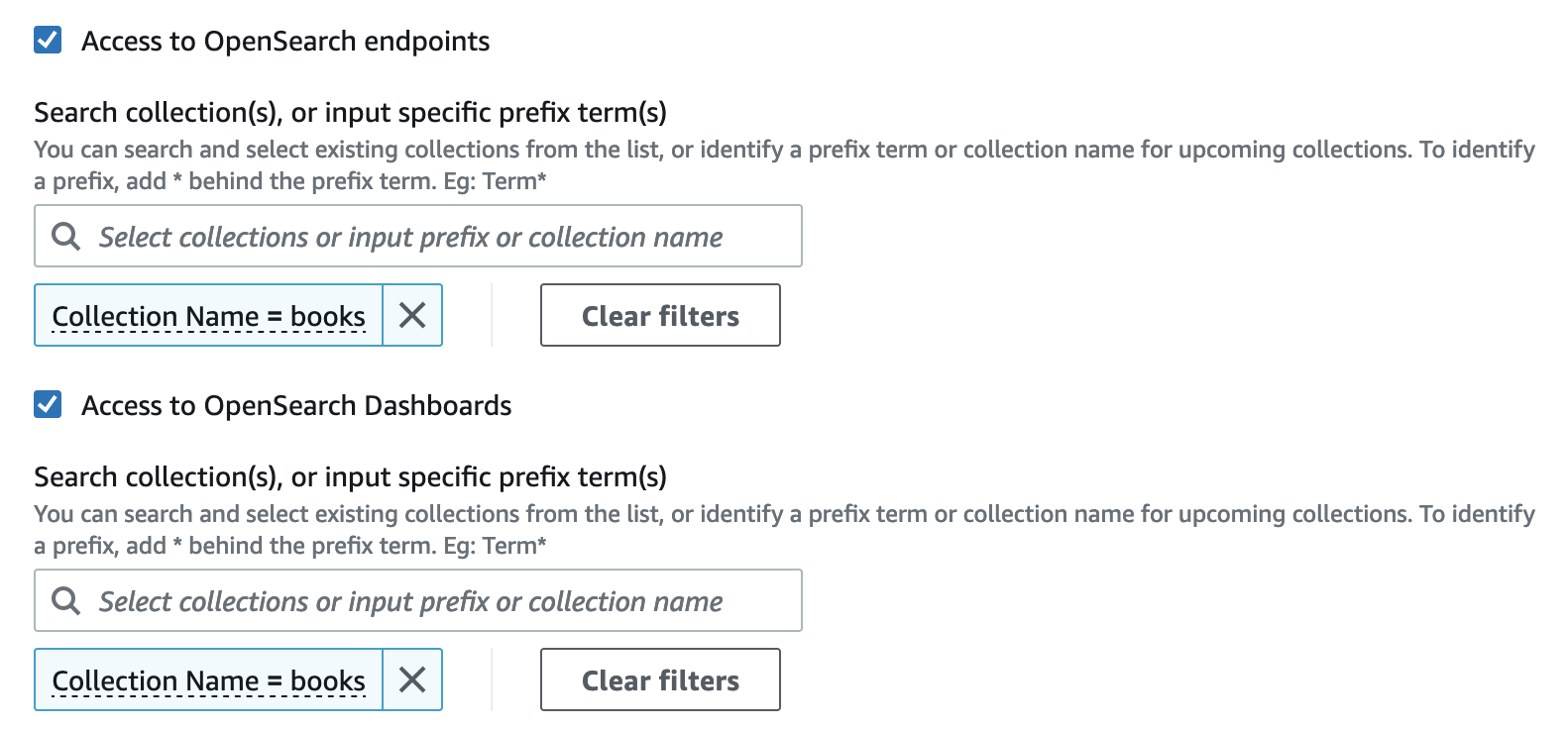 Interfaccia di ricerca che mostra due campi di input per la raccolta o la selezione dei termini con prefisso, entrambi impostati su «libri».