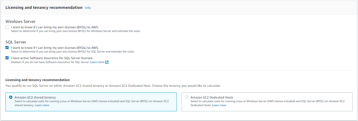 Raccomandazione di licenza e locazione con locazione condivisa di Amazon EC2 selezionata