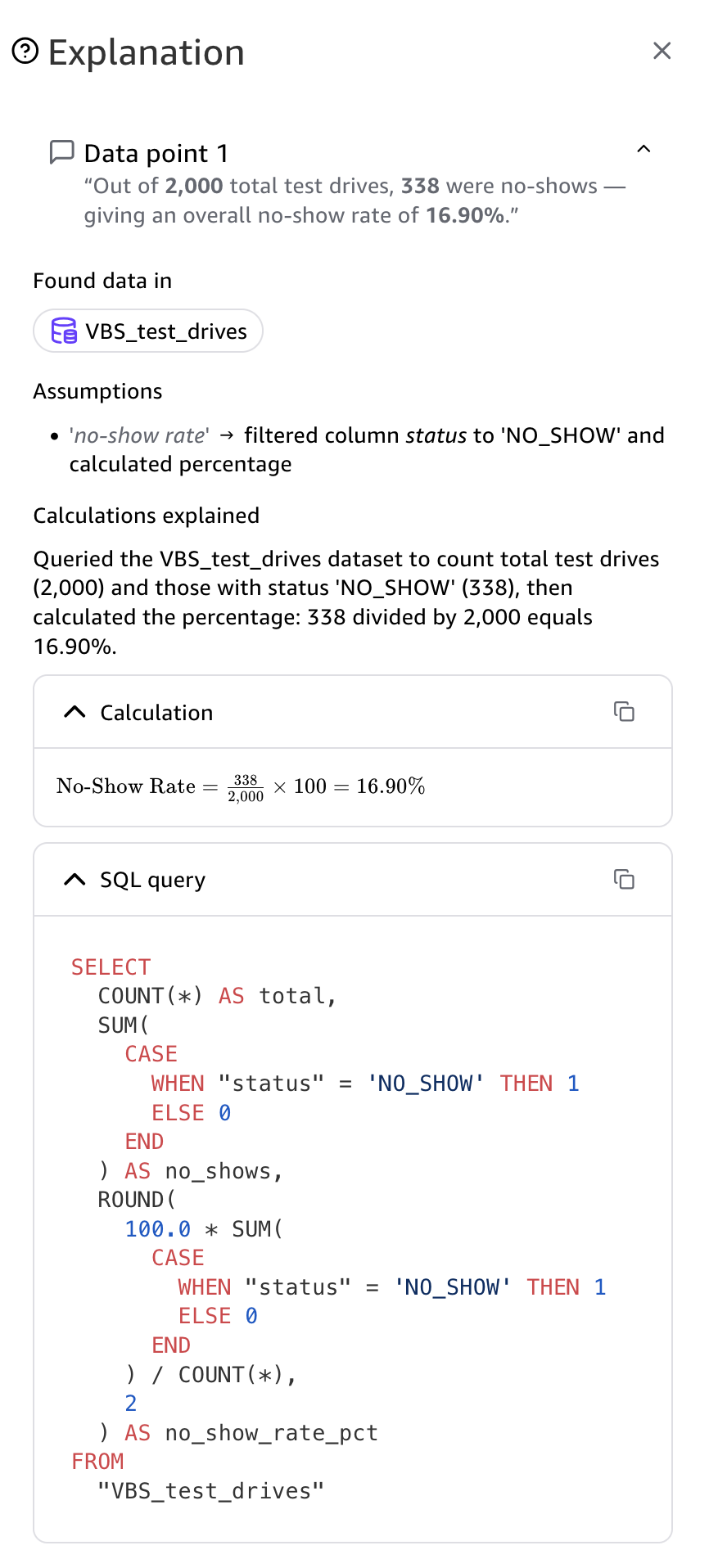 Pannello esplicativo per una risposta proveniente da un set di dati, che mostra le query SQL che hanno prodotto ogni affermazione.