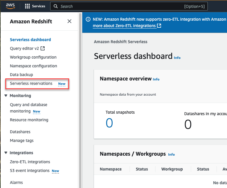 Voce del menu di prenotazione serverless evidenziata nel pannello Amazon Redshift di navigazione.