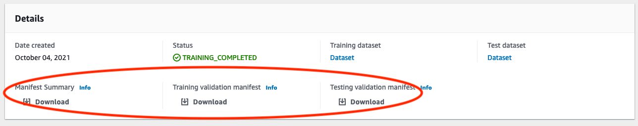 Schermata del pannello dei dettagli del set di dati con stato, collegamenti ai set di dati di addestramento e test e collegamenti per il download degli elementi del manifesto.