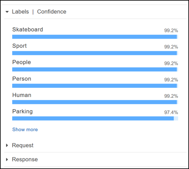 Grafico che mostra i punteggi di etichette come Skateboard, Sport, People, Person, Human e Parking con valori di affidabilità elevati intorno al 99%.