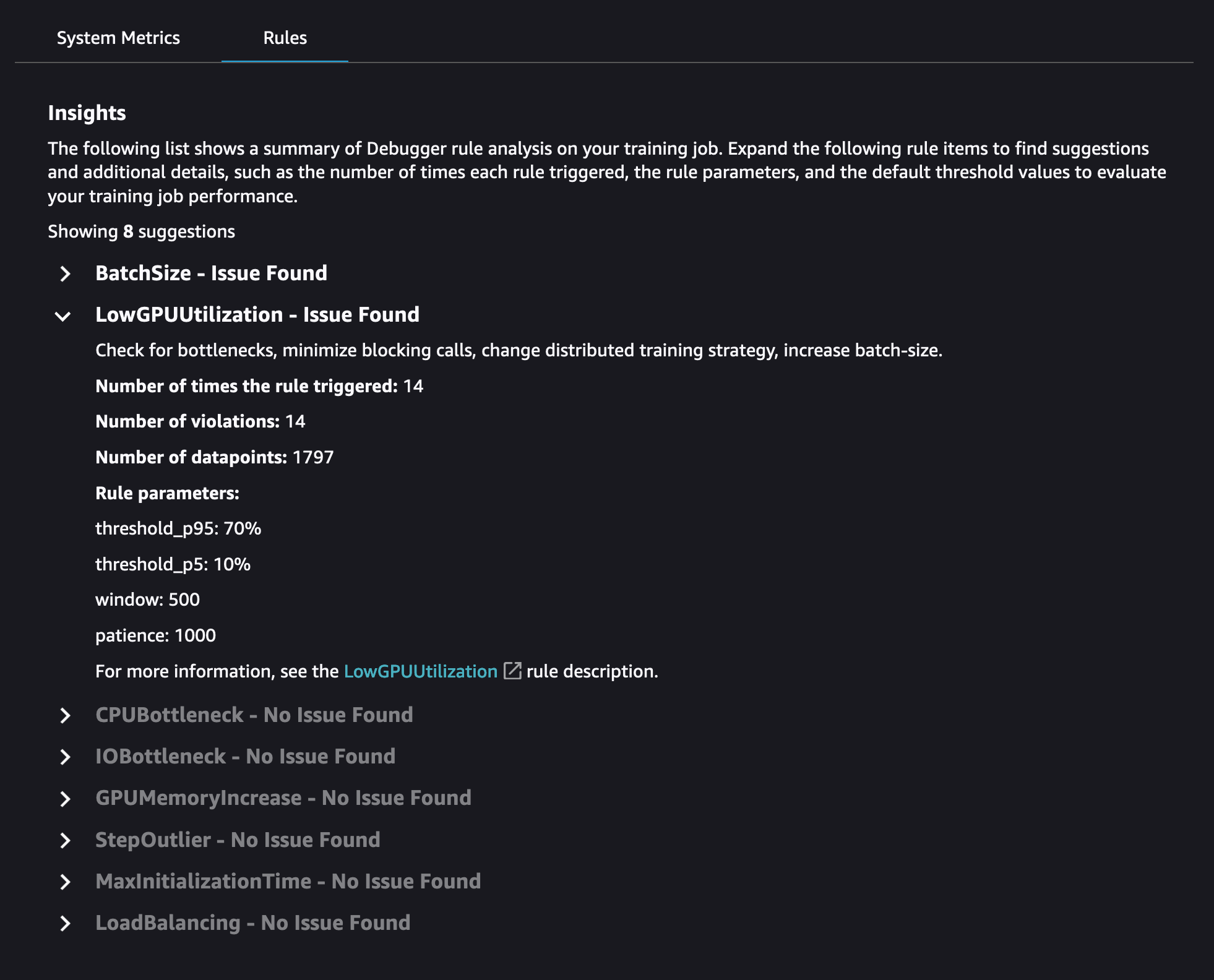 La scheda Regole nella dashboard di Debugger SageMaker Insights