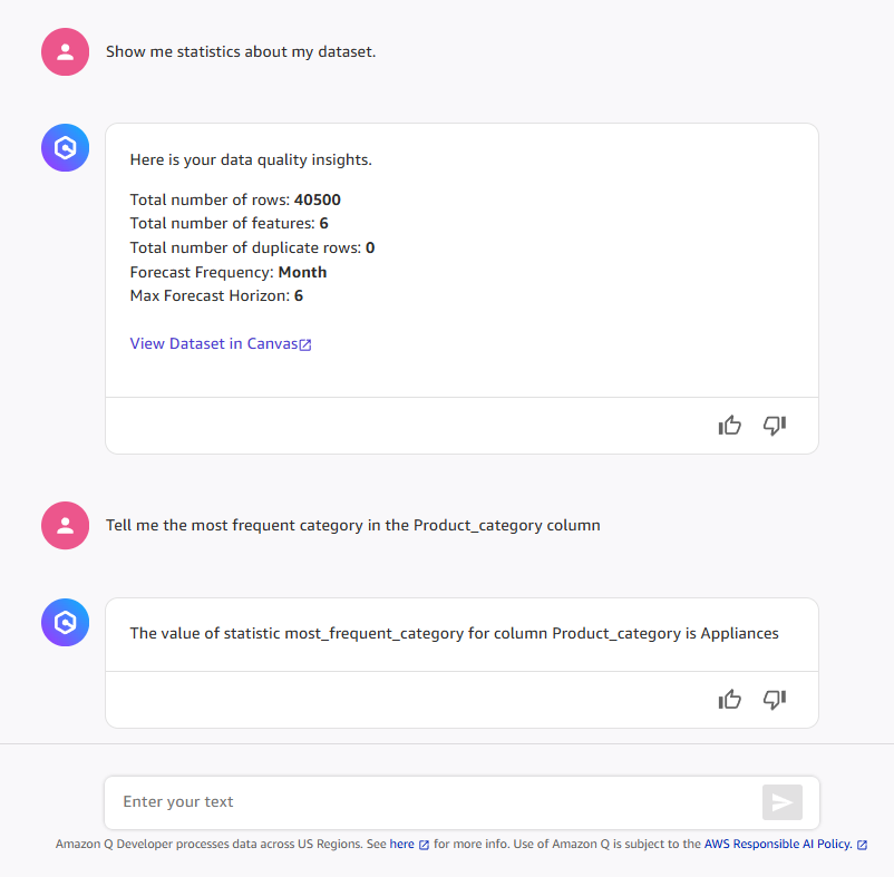 Finestra di chat in cui viene chiesto a Q Developer di fornire statistiche sul set di dati e sulle categorie più frequenti.