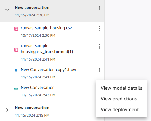 Il menu di conversazione con tre puntini di Q Developer espanso, che mostra le opzioni per la visualizzazione dei dettagli, delle previsioni e dell’implementazione dei modelli.