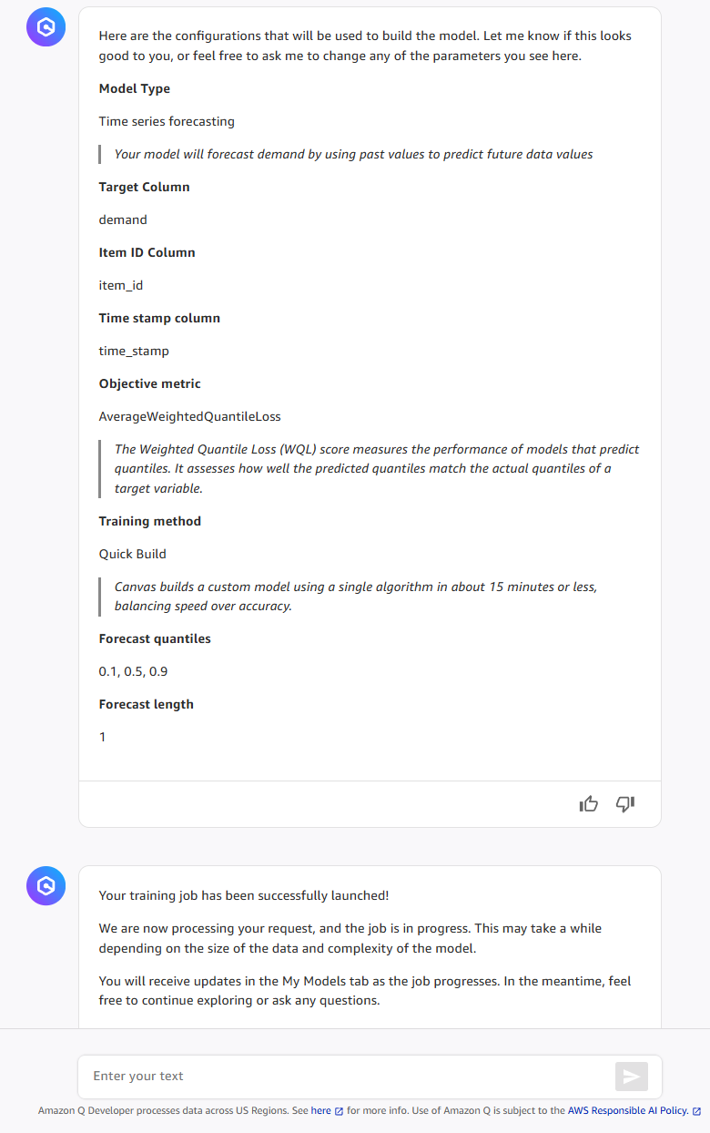 Una conversazione con Q Developer in cui l’utente chiede di avviare la creazione di un modello Canvas.